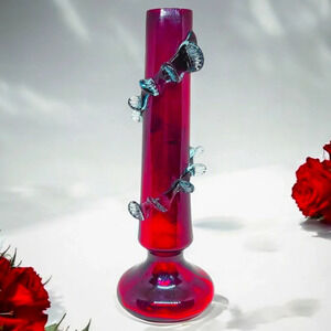 Vintage Cranberry Victorian Art Glass  Vase With Light Blue Applied Rigaree